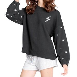 PJ Salvage Lightning Bolt & Star Black Sweatshirt Distressed Hem Design Small